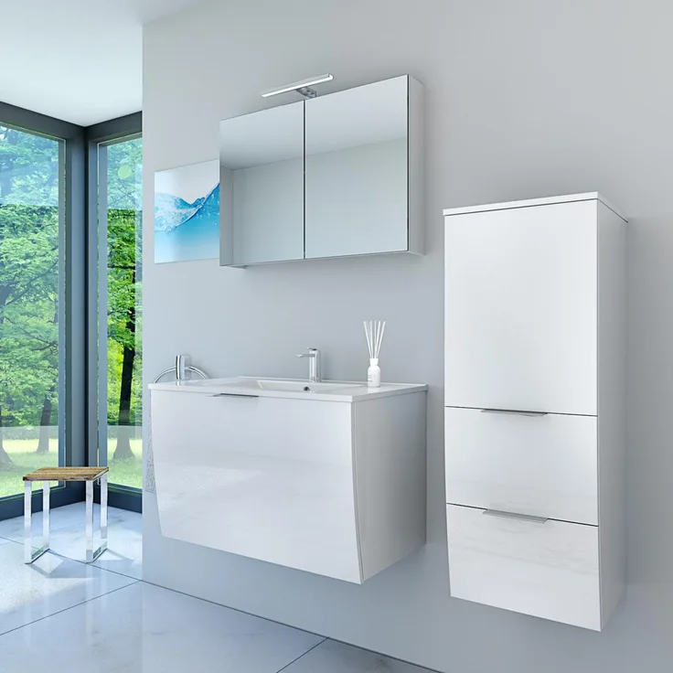 Badmöbel Set Gently 1 V2 R Weiß MDF Waschtisch 80cm mit 5W LED-Strahler / Energiebox