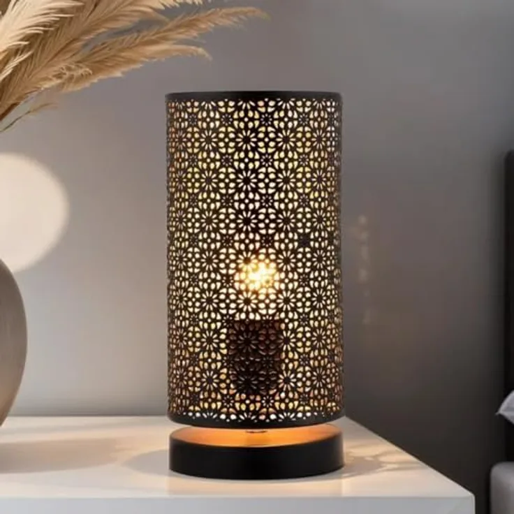 Marrakesch Tischlampe Tuza, 25cm große Nachttischlampe aus schwarzem Metall mit E27 Fassung, orientalisches Design für Wohnzimmer und Schlafzimmer