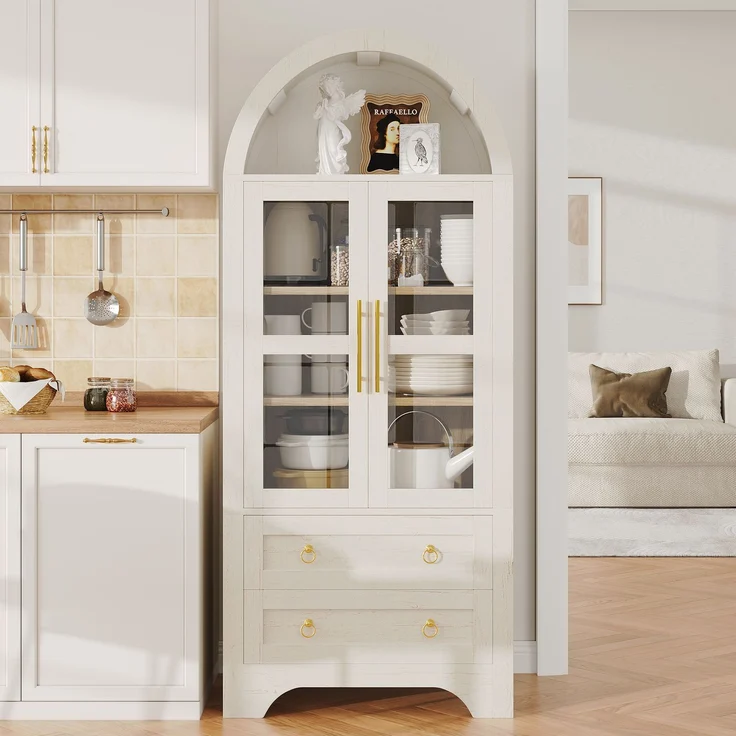 EINHOM Highboard mit verstellbaren Regalböden und Schubladen, Küchenschrank mit transparentem Glas und großem Stauraum, Ideal für Esszimmer, Wohnzimmer und Küche (Weiß), Weiß – Bild 1