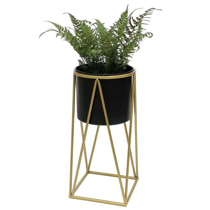 DanDiBo Blumenhocker mit Topf Metall Gold Schwarz S 47 cm Blumenständer 96046 Blumensäule Modern Pflanzenständer Pflanzenhocker
