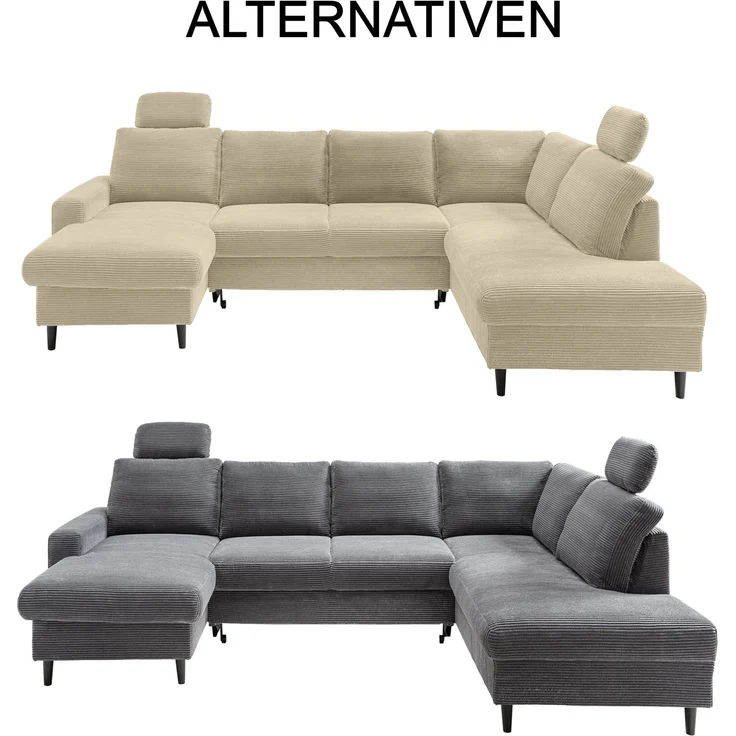 Wohnlandschaft U-Form Sofa Schlaffunktion Couch Bettkasten Cord Dunkelgrau – Bild 7