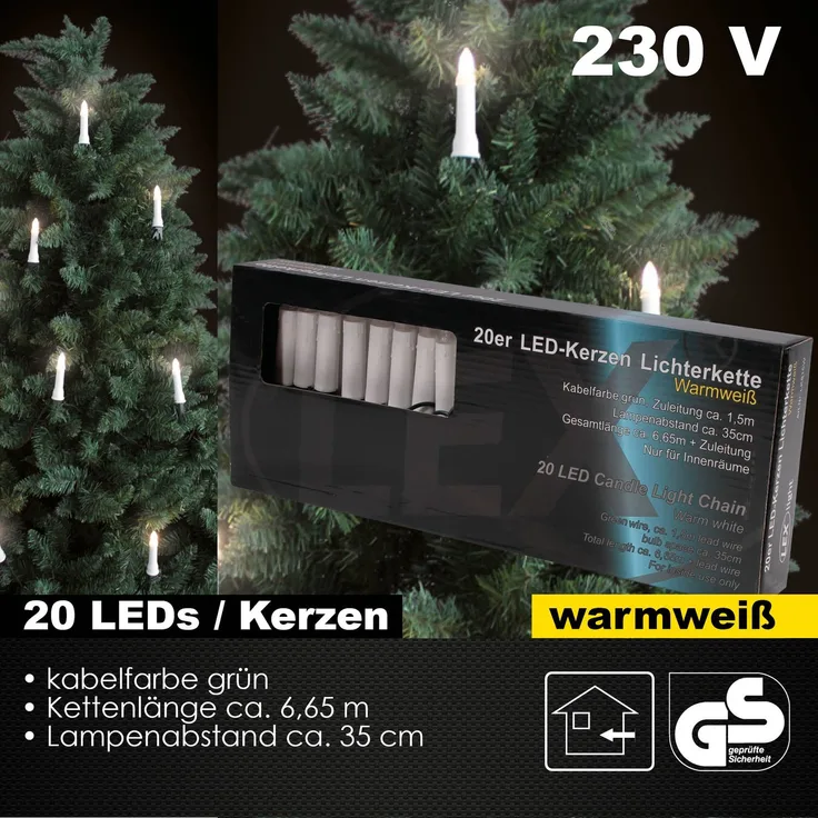 LEX LED-Kerzenlichterkette – Warmweiß, 6,65 m, 20 LEDs, Grünes Kabel, Steckerbetrieb, Innenbereich