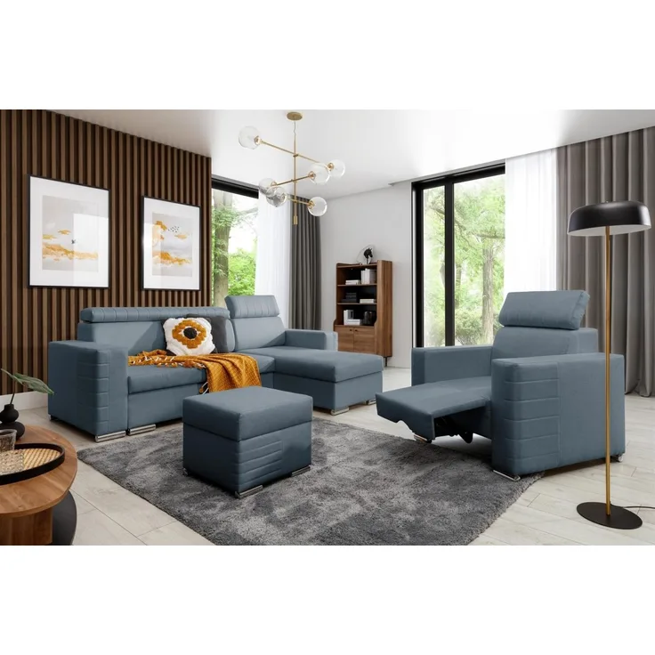 Ecksofa inkl. Hocker und Sessel CANTON Stoff Liverpool Azurblau Ottomane Rechts