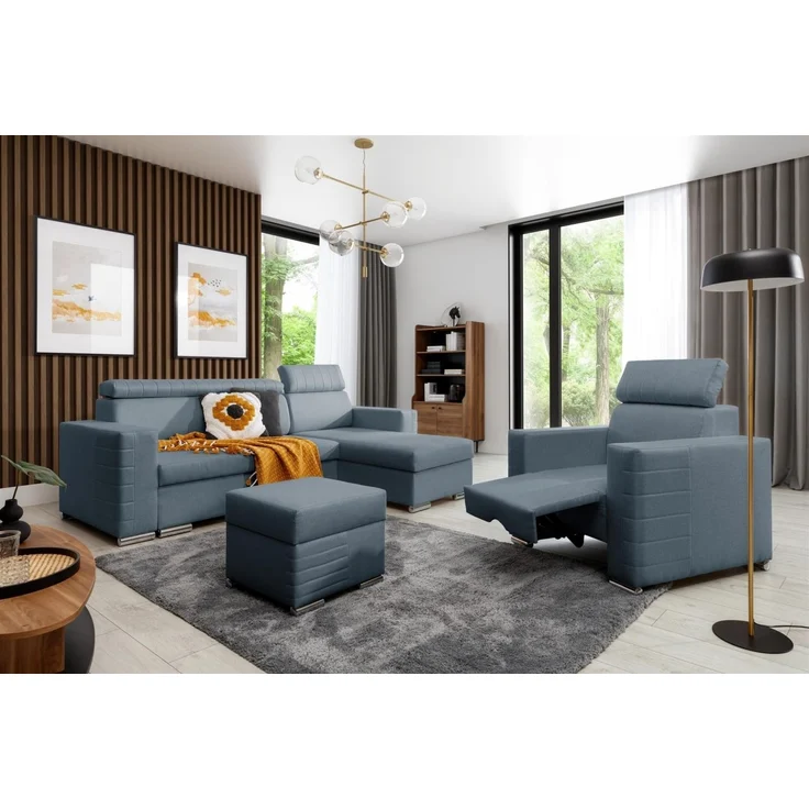 Ecksofa inkl. Hocker und Sessel CANTON Stoff Liverpool Azurblau Ottomane Rechts – Bild 1