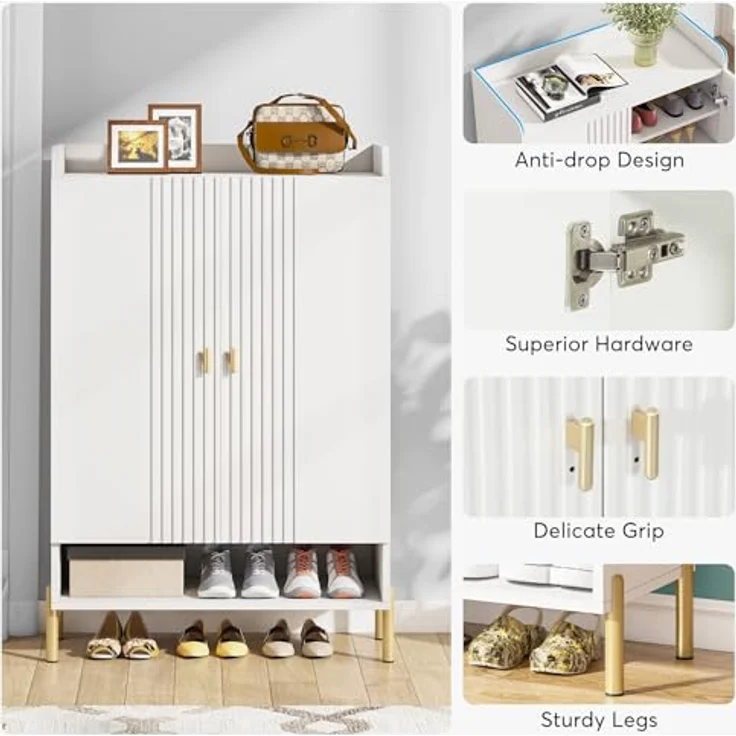 LITTLE TREE Schuhschrank für den Eingangsbereich: 6-stöckiger Schuh-Organizer, schmal, freistehend, Holz-Schuhregal mit Türen, verstellbare Einlegeböden für Flur, Schrank, Wohnzimmer – Bild 4
