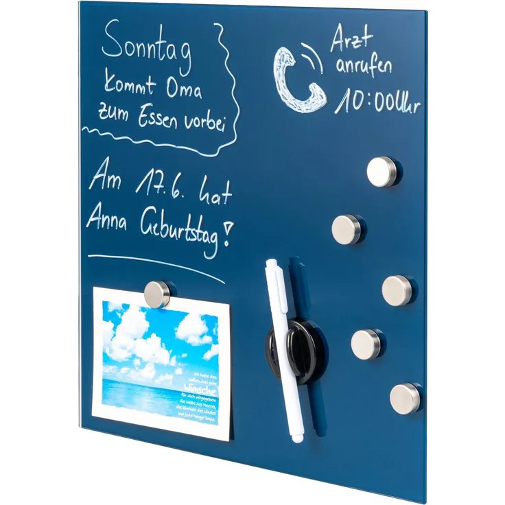Magnettafel mit blauer Glasfront, beschreibbar, 6 Magnete, 1 Marker, 1 Marker-Halter, Memo-Board