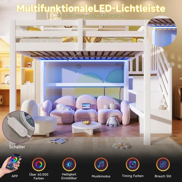 Hochbett mit RGB LED-Streifen, Stauraum, Lattenrost, Rausfallschutz und Regal, Treppe mit Regal, 140x200 cm, Kinderbett, Kiefer – Bild 4