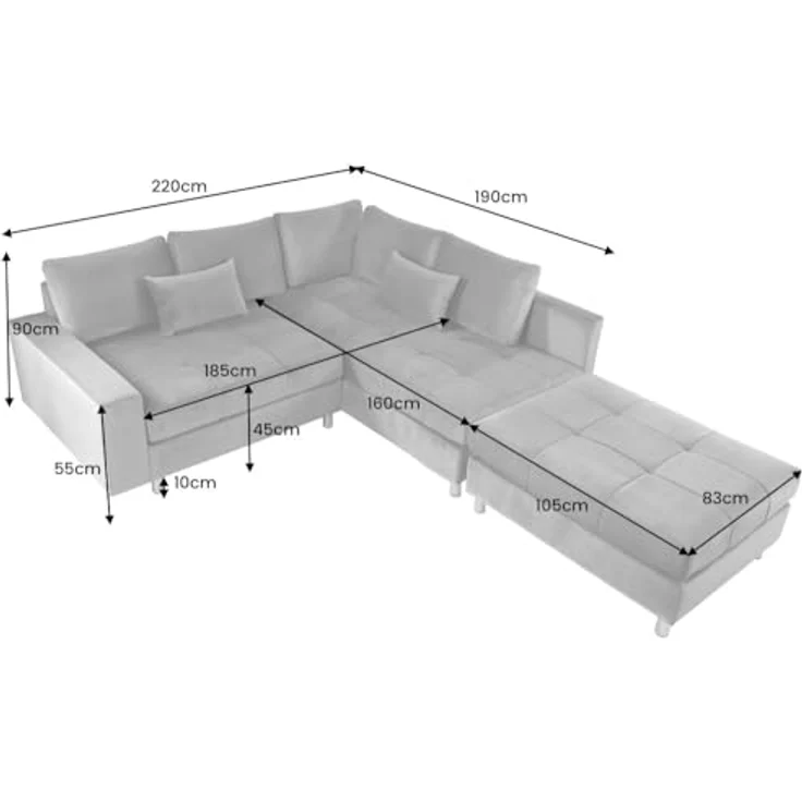 riess-ambiente Ecksofa KENT 220cm greige / schwarz, Einzelartikel 1 Teile, Wohnzimmer · Cord · mit Federkern · inklusive Hocker · L-Form · Modern – Bild 4