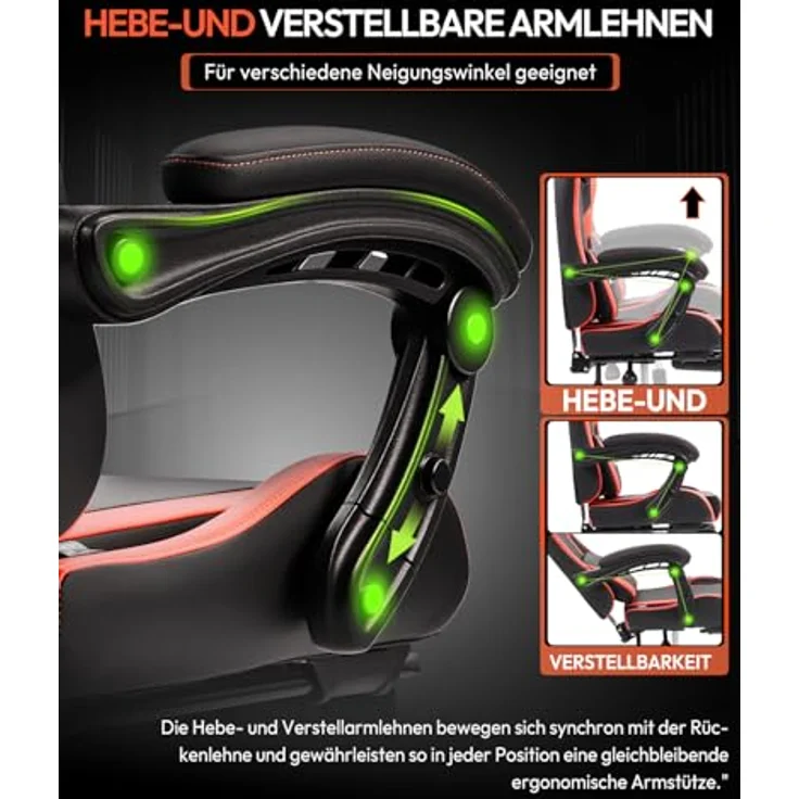 Dowinx Gaming Stuhl Bürostuhl Massage Gaming Sessel mit höhenverstellbaren Linkage-Armlehnen, ergonomischer Gamer Stuhl mit Fußstütze, gepolstert Gaming Chair 150° neigbar bis 180 kg, Rot – Bild 7