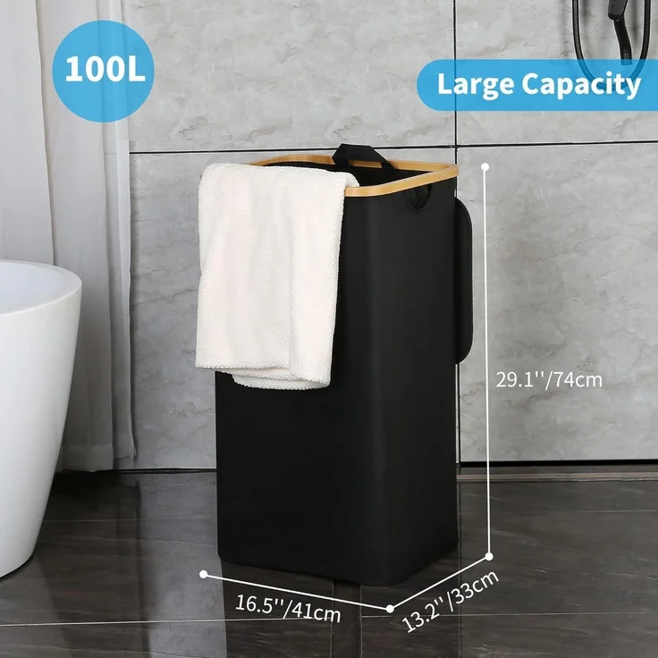 efluky Wäschekorb 100L Bambus Deckel faltbar XXL black Laundry Basket – Bild 5