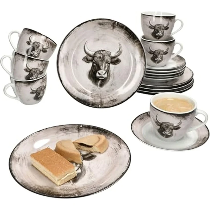 MamboCat Kaffeeservice Toro 18tlg Kaffeeservice Porzellan 6 Personen Kuh Landhaus, Porzellan – Bild 2