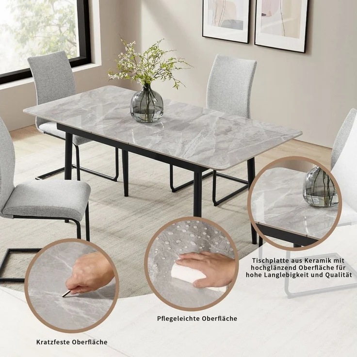 OTTO home Essgruppe Stevian, (Set, 5-tlg, Ausziehbarer Esstisch + 4 Stühle), Holz, Strukturstoffbezug, Freischwingerstühle, gesteppten Bänken – Bild 3