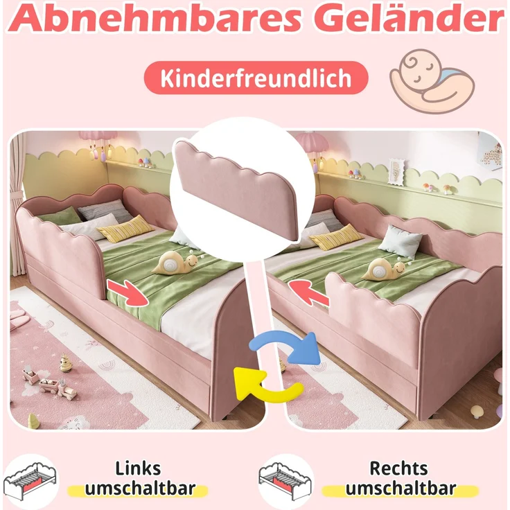 CHICFURN Bett Samt Rosa 90/180x190 cm mit Ausziehbett und abnehmbarem Vordergitter – Bild 5