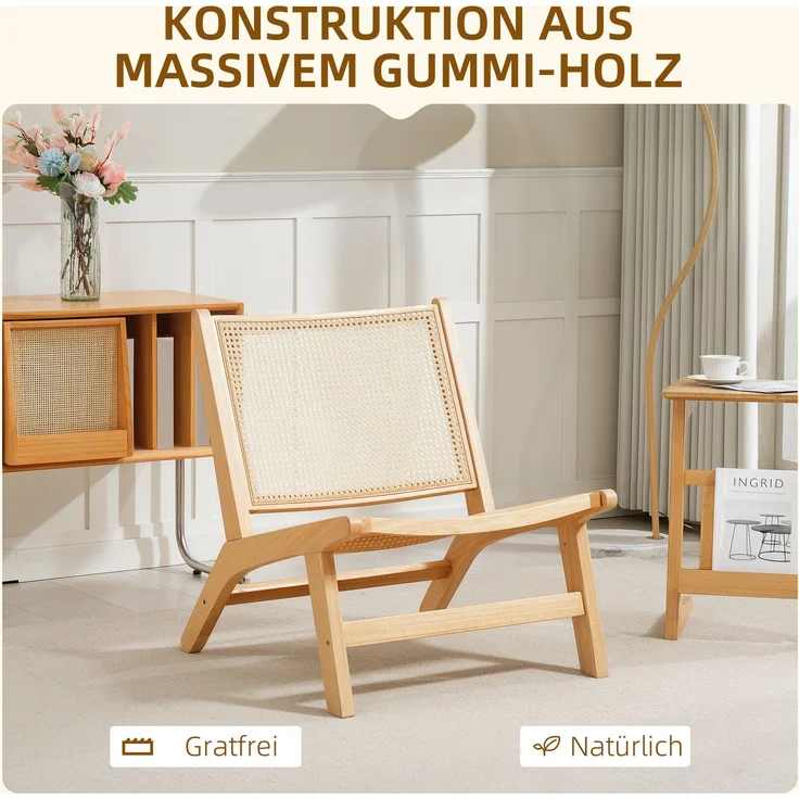 Rattanstuhl, Lesestuhl, Holzrahmen, breiterer Sitz, 64 x 70 x 74 cm, Naturholz--Naturholz--74x64x70cm--YOUDENOVA – Bild 7