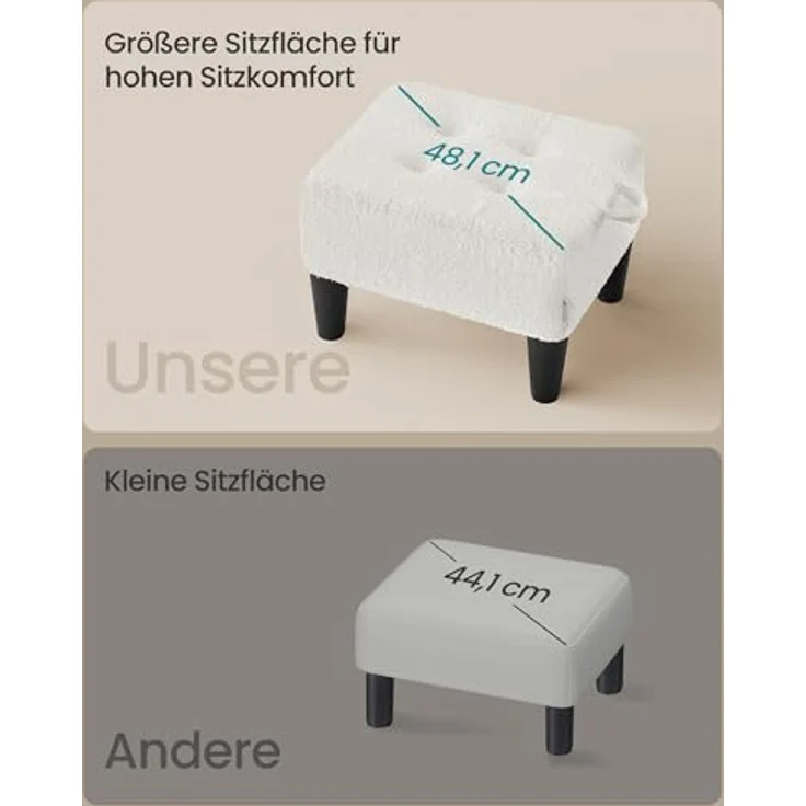 SONGMICS Fußhocker, Fleece, Hocker klein, Dicke Polsterung, bis 150 kg belastbar, für Wohnzimmer Schlafzimmer Eingangsbereich, cremeweiß-tintenschwarz LOM503WD01 – Bild 4