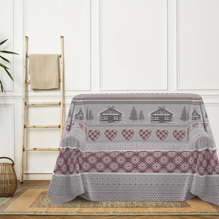 PENSIERI DELICATI Sofaüberwurf 180x290 cm, hergestellt in Italien, Überwurf aus 100% Reiner Baumwolle, Motiv Chalet, rot, ideal als Überwurf oder Tagesdecke für den Sommer (Einzelbett)