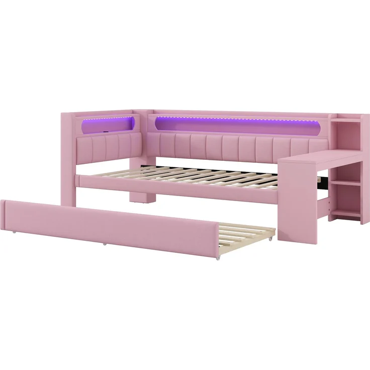 Gepolstertes 90x200 Tagesbett mit USB-Anschlüssen und LED-Gürtel, mit Ausziehbett und Schreibtisch, Rosa – Bild 10