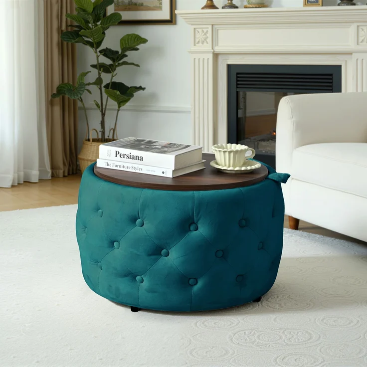 Luxuriöses 2er-Set Nesting-Hocker aus Samt, 4-in-1-Funktion, runder Stauraum-Fußhocker mit Holzablage, kein Aufbau erforderlich, Blau--Blau--59.6x59.6x38cm--YOUDENOVA – Bild 6