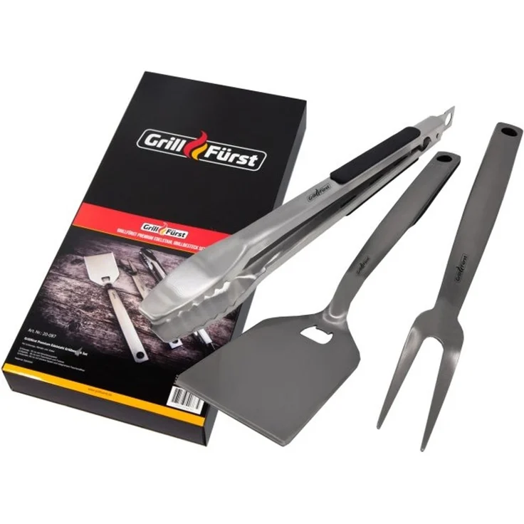 Grillfürst Premium Edelstahl Grillbesteck Set mit Grillzange, -Wender und -Gabel in Geschenkverpackung – Bild 1