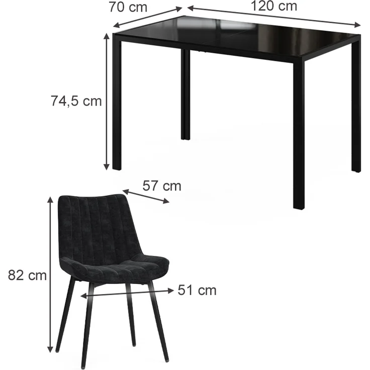 Esstisch Set Grand Schwarz 120 x 70 cm mit 4 Stühlen (Schwarz) Vicco – Bild 2