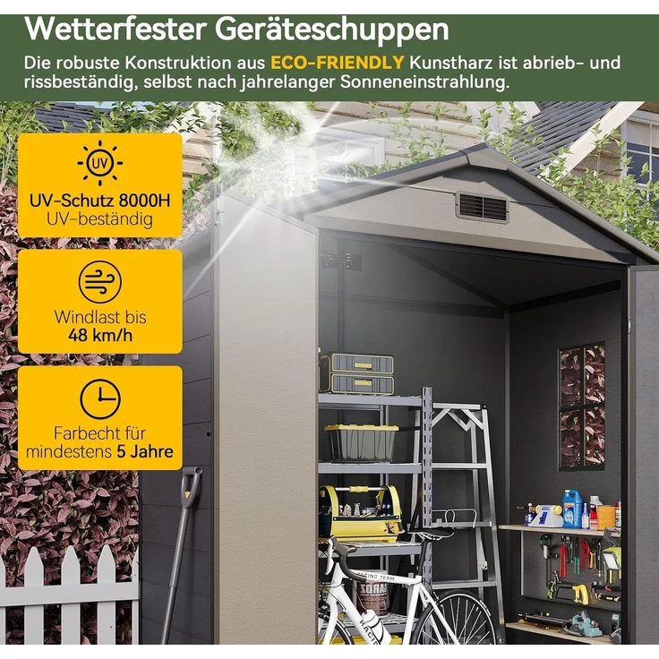 Aoxun Gartenhaus Kunststoff 4m³ mit Fundament | 182x124x210 cm | Geräteschuppen mit Boden, Gerätehaus Satteldach, Belüftet, Gartenhütte Wasserdicht für Fahrrad, Terrasse, Rasen und Werkzeug, Schwarz – Bild 3