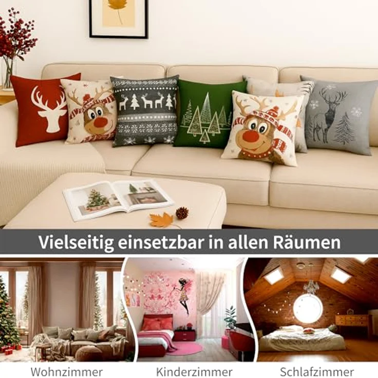 matches21 HOME & HOBBY Kissenbezüge 2er Set Kissenhüllen 45x45 cm dunkelgrau mit Hirsch als Weihnachtsdeko, (2 Stück), Zierkissen-Bezüge für Sofa-Kissen, Couch-Kissen – Bild 3