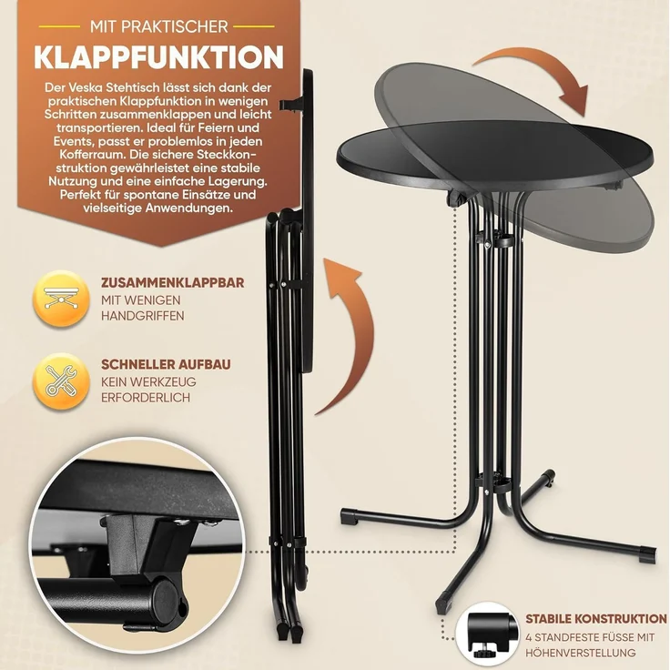 VESKA Stehtisch Ø 80cm inkl. Husse, Gastro Bistrotisch (klappbar Indoor & Outdoor, höhenverstellbare Füße, Klapptisch rund), Partytisch, Empfangstisch, Gartentisch wetterfest – Bild 4