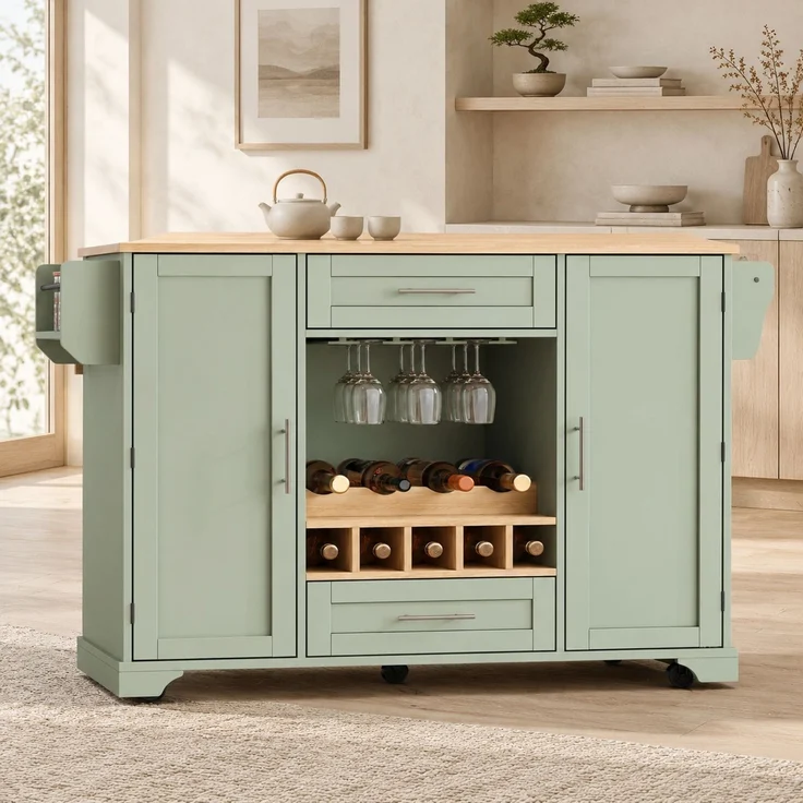 Küchenwagen 138x45/70x92 cm mit klappbarer Arbeitsplatte, Weinregal und Rollen – Antikgrün – Bild 1