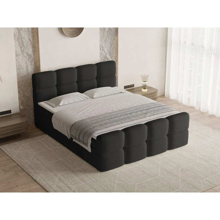 GRAINGOLD Rivon Doppelbett 180x200, Boxspringbett, zwei Bettkästen, mit Kopfteil, Modern Stil, Bouclé-Stoff, Schwarz – Bild 3