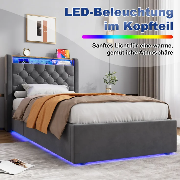 Polsterbett 90x200 cm, Grau, Holland-Velours, LED, USB-C, hydraulischer Stauraum (ohne Matratze) – Bild 4