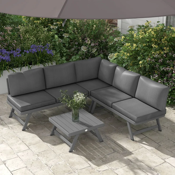 Wohnora-Garten-Ecklounge-Set mit ausziehbarem Sofa, 4-teilig bestehend aus 2 Bänken, 1 Ecksessel und 1 Couchtisch,H 65cm x T 115cm x B 61cm,Grau – Bild 2