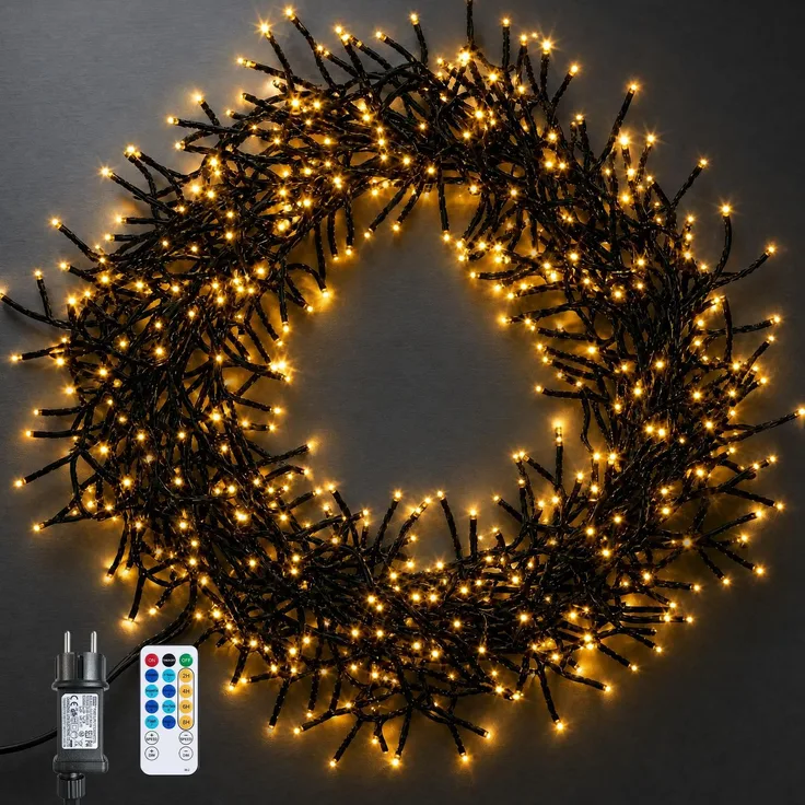 LEDYA Cluster Lichterkette Außen mit Stecker, 12 m, 1000 LEDs, Warmweiß | Weihnachtslichterkette mit Fernbedienung, 8 Modi, Timer, Speicherfunktion, Wasserdicht Christbaumbeleuchtung für Innen Garten