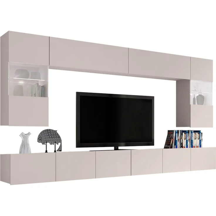 Wohnwand Calabrini I (Farbe: Cashmere, mit weißer LED Beleuchtung)