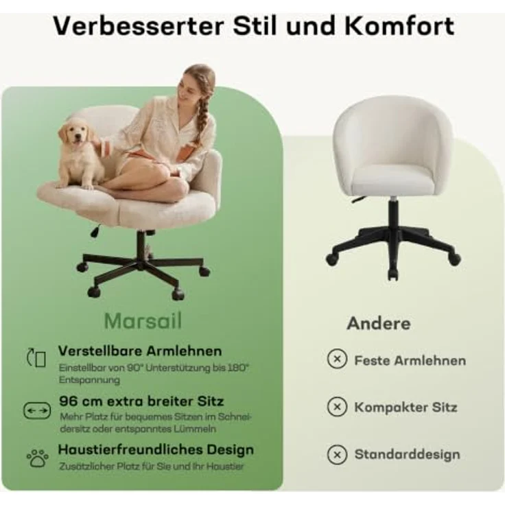 Marsail Schminktisch Stuhl,verstellbaren 180° Armlehnen &105° Rückenlehne | bis 150kg Höhenverstellbar 360° Drehfunktion, weicher Chenille-Stoff, Extra breiter Sitz für Schneidersitz, Lesen & Relaxen – Bild 4