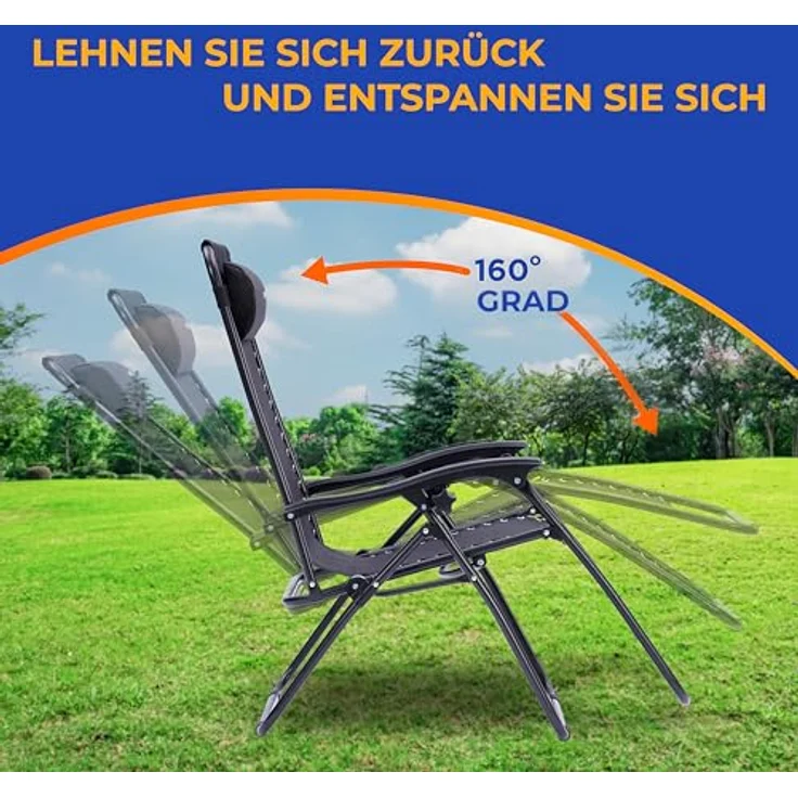 SereneLife Sonnenliege Wetterfest, Gartenliege Wetterfest Klappbar & Verstellbar zum Liegen für Balkon, Garten, Terrasse & Camping mit Seitentisch, Kopfkissen & Getränkehalter, Deckchair Schwarz – Bild 5