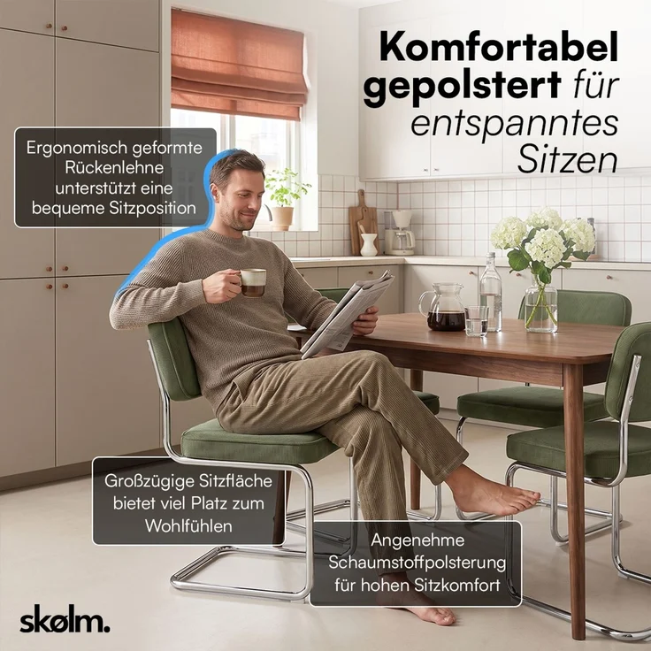 skølm 'Thund' Esszimmerstühle 6er Set, dunkelgrün, Polsterstuhl aus Cord mit verchromten Metallgestell, Schwingstuhl bis 120 kg belastbar – Bild 6