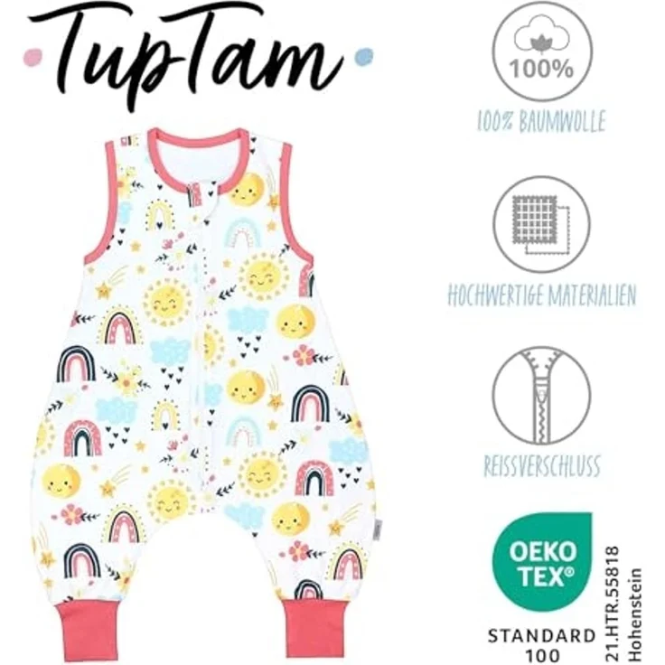 TupTam Sommerschlafsack Baby mit Füßen – Leichter Schlafsack Baby Sommer 0.5 TOG, Oeko-TEX, Farbe: Regenbogen Sonne Mond Blume Sternschnuppe, Größe: 80-86 – Bild 2