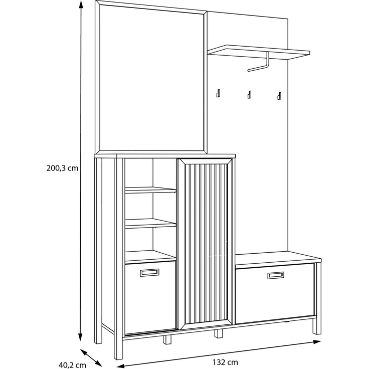 Forte JYTANA Garderobe 130, skandinavische Garderobe mit Spiegel, Kleiderstange und Aufbewahrung, Holzwerkstoff, Mauvella Eiche Holzdekor / Schwarz, 132 cm breit x 200,3 cm hoch x 40,2 cm tief – Bild 6