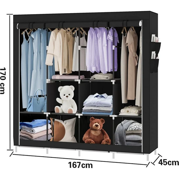 JEOBEST Kleiderschrank Stoffschrank, Kleiderschrank mit Kleiderstange und Ablagen Faltschrank für Schlafzimmer, Ankleidezimmer, 167 x 45 x 170 cm – Bild 3