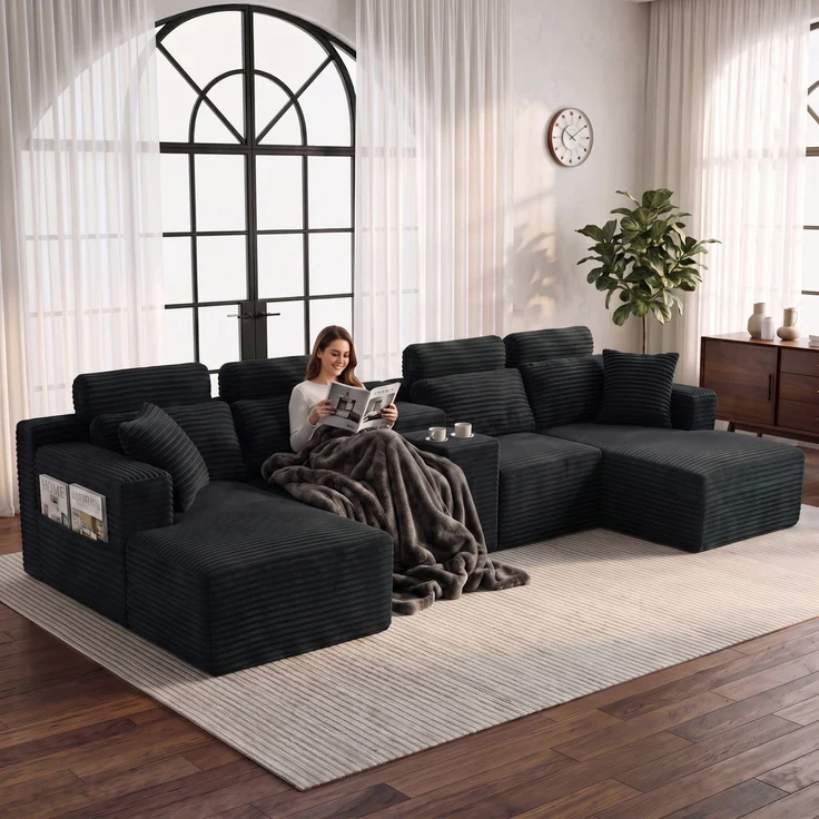 ZUBALIYA Boneless Compression Sofa, U-förmiges modulares Sofa mit integrierten Becherhaltern, Schwarz, 372 x 151 x 80 cm – Bild 6