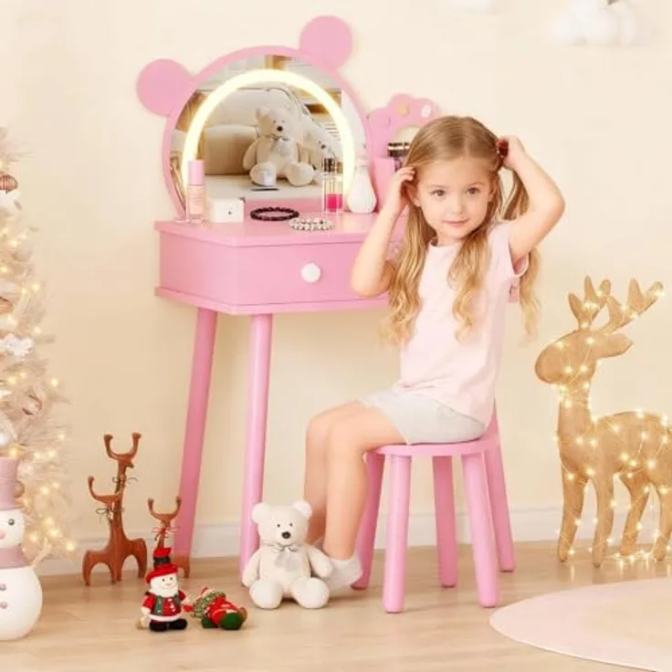 GarveeLife Schminktisch für Kinder, Mädchen, mit Spiegel & LED-Licht in 3 Farben mit 2 Schubladen, für Kinder von 3 – 8 Jahren, 55 x 38 x 101 cm