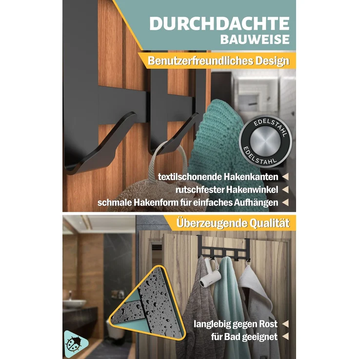 Aurelia Home Türgarderobe zum Einhängen, 5 Haken, Edelstahl, Schwarz – bis 30 kg – Bild 4