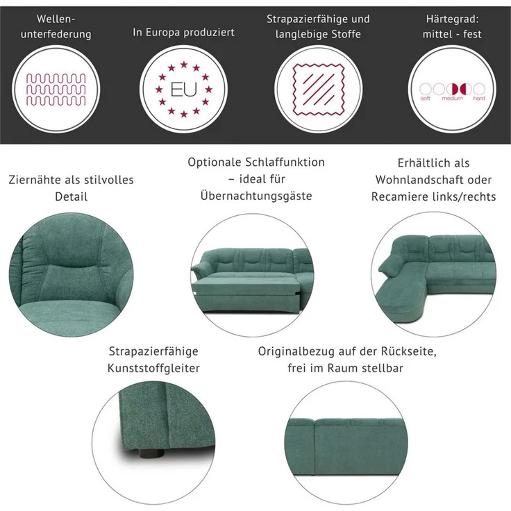 DOMO collection Ecksofa SARAFINA 240x190 cm, auch mit Federkern für mehr Sitzkomfort!, whlw. mit Bettfunktion, elegantes Design, L-Form – Bild 3