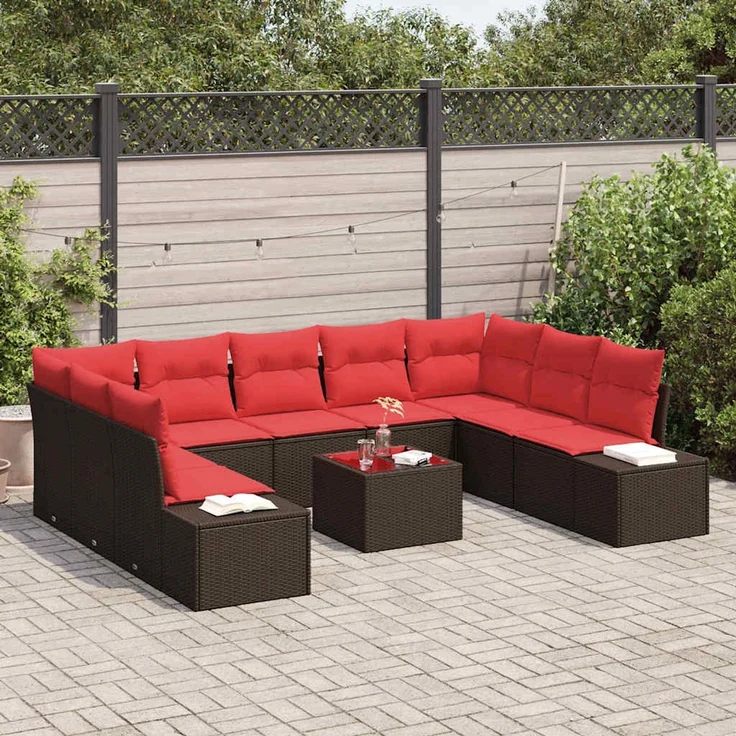 vidaXL Gartensofa-set 9 stk. 8-Sitzer Braun und Rot 3355903 – Bild 3
