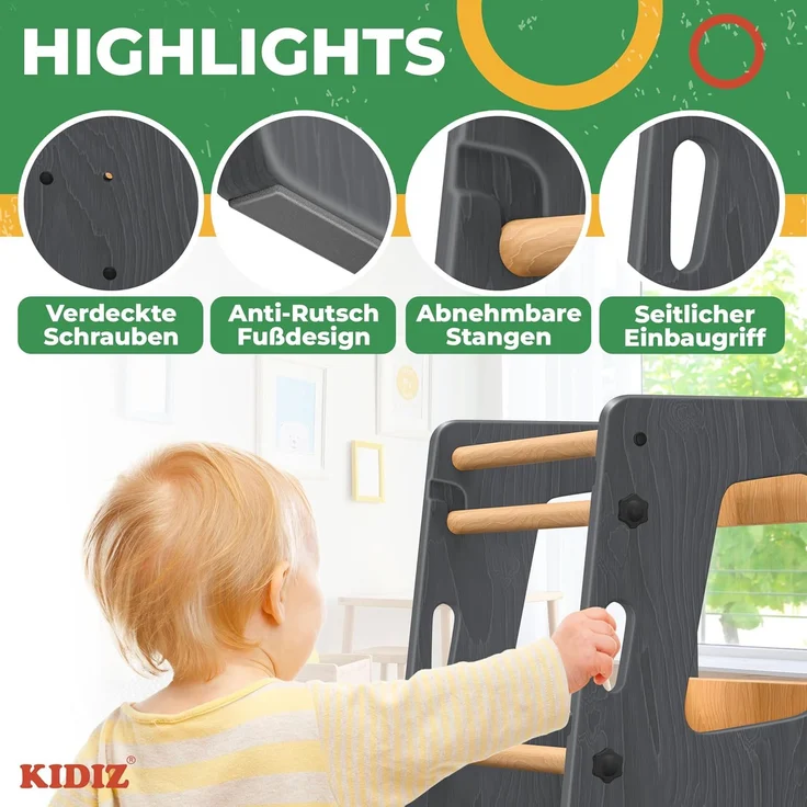 KIDIZ® Lernturm für Kinder ab 1 Jahr inkl. Lernuhr | 3-stufig Höhenverstellbarer Tritthocker aus Kiefernholz | spielerisch motorische Fähigkeiten fördern Montessori Learning Tower bis 50 kg belastbar Anthrazit / Hellbraun – Bild 8
