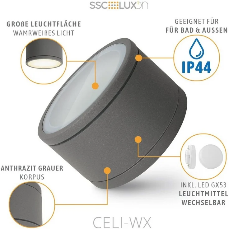 SSC-LUXon LED Außen-Deckenleuchte CELI-WX Aufbauspot flach IP44 Bad & Aussen anthrazit mit LED GX53 5W, Warmweiß bis Tageslicht – Bild 3