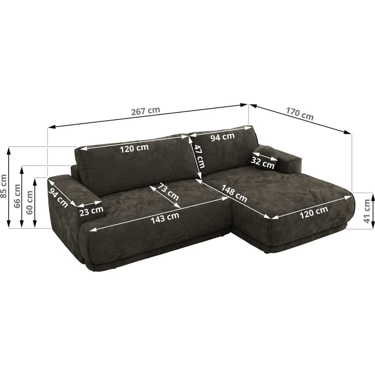 RINA L Design Ecksofa, Schlaffunktion & Stauraum, DL-System, Wellenfedern, Liegefläche 220x155 cm, freistehendes Polstersofa, Schlafcouch - Dunkelgrau Schenille glatt - Links Seite – Bild 6