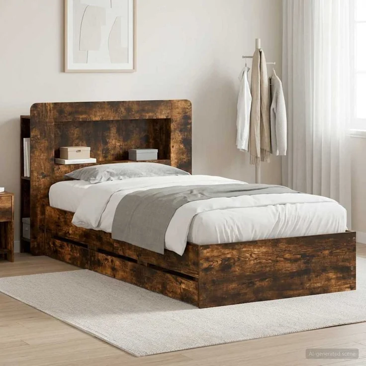 vidaXL Bettgestell mit Stauraum und Kopfteil Räuchereiche 90 x 200 cm 3434019 – Bild 1