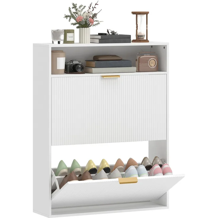Schmaler Schuhschrank mit 2 Klappfächern und Ablagefläche für Flur und Eingangsbereich, Weiß--Weiß--102.5x24x80cm--YOUDENOVA