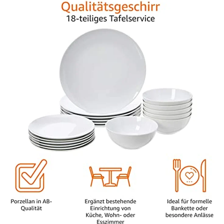 AmazonBasics Geschirrservice, 18-teilig, Weißes Porzellan Coupe, für 6 Personen – Bild 7
